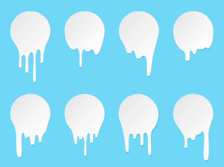 Melt drip stickers or circle milk labels. Vector liquid drops icons for graffiti blob stickers. White liquid or melted chocolate drips, milk, current paint.のイラスト素材
