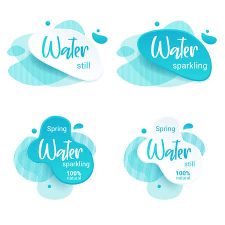 Mineral water tag. Blue label and stikers emblem with drops of water for web and print tag.Still and sparkling water label set. Vector illustration for you design.のイラスト素材