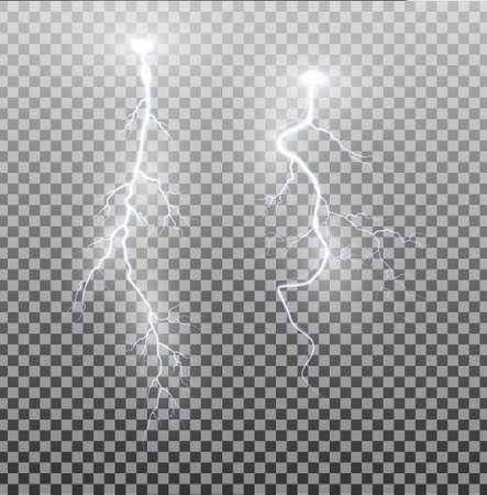 White realistic lightning. Thunder spark light on transparent background. Illuminated realistic path of thunder and many sparks. Bright curved line.