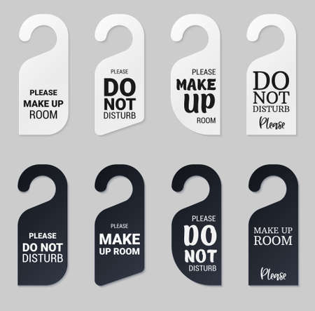 Door hangers for hotel room. Set of white and black label hanger with text for hotel or resort. Template, mockup with text Do not disturb and Make up room. Vector illustration for promotion, sale, decoration, coveringのイラスト素材