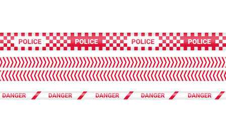 Police tape, crime danger line. Caution police lines isolated. Warning barricade tapes. Set of red warning ribbons. Vector illustration.のイラスト素材