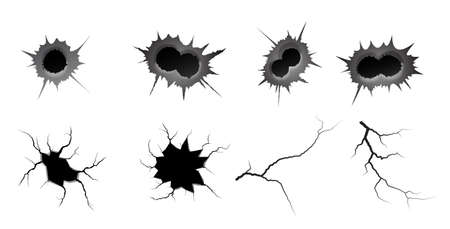 Bullet hole and ground cracks set. Metal single and double bullet hole, damage effect. Earthquake and ground cracks, craquelure and damaged wall texture. Vector illustrations for topics earthquake, crash, destructionのイラスト素材