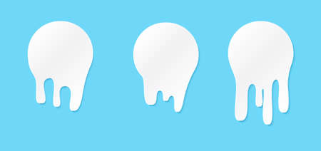 Melt drip stickers or circle milk labels. Vector liquid drops icons for graffiti blob stickers. White liquid or melted chocolate drips, milk, current paintのイラスト素材