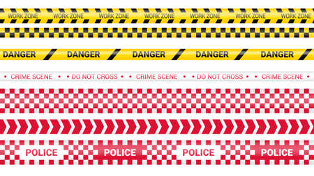 Police tape, crime danger line. Caution police lines isolated. Warning barricade tapes. Set of warning ribbons. Vector illustration on white backgroundのイラスト素材