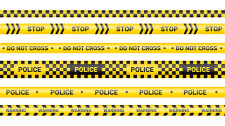Police tape, crime danger line. Caution police lines isolated. Warning and barricade tapes. Set of yellow warning ribbons. Vector illustrationのイラスト素材
