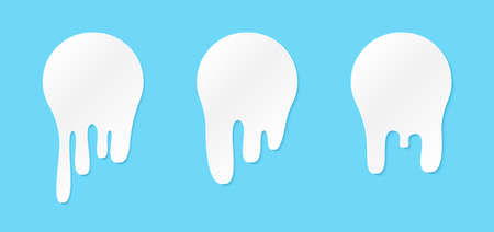 Melt drip stickers or circle milk labels. Vector liquid drops icons for graffiti blob stickers. White liquid or melted chocolate drips, milk, current paintのイラスト素材