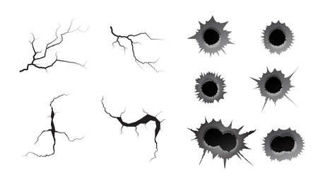 Bullet hole and ground cracks set. Metal single and double bullet hole, damage effect. Earthquake and ground cracks, craquelure and damaged wall texture. Vector illustrations for topics earthquake, crash, destructionのイラスト素材