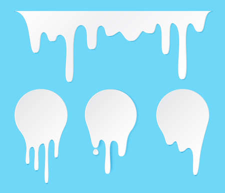 Melt drip stickers or circle milk labels. Vector liquid drops icons for graffiti blob stickers. White liquid or melted chocolate drips, milk, current paintのイラスト素材