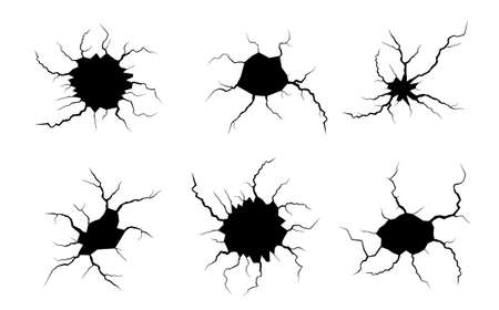 Ground cracks set. Earthquake and ground cracks, hole effect, craquelure and damaged wall texture. Vector illustrations can be used for topics earthquake, crash, destructionのイラスト素材