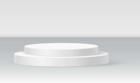 Single disc podium scene, winner pedestal. White cylinder template for showroom podium scene. Vector white pedestal for product presentationのイラスト素材