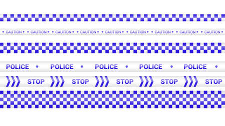 Police tape, crime danger line. Barricade police lines isolated. Warning and barricade tapes. Set of blue warning ribbons. Vector illustrationのイラスト素材