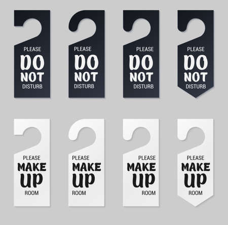 Door hangers for hotel room. Set of white and black label hanger with text for hotel or resort. Template, mockup with text Do not disturb and Make up room. Vector illustration for promotion decorationのイラスト素材