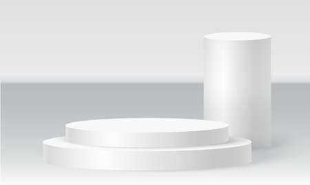 Cylinder podium scene, winner pedestal. White cylinder template for showroom podium scene. Vector white pedestal for product presentationのイラスト素材