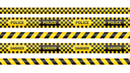 Police tape, crime danger line. Caution police lines isolated. Warning and barricade tapes. Set of yellow warning ribbons. Vector illustrationのイラスト素材