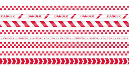 Police tape, crime danger line. Caution police lines isolated. Warning barricade tapes. Set of red warning ribbons. Vector illustrationのイラスト素材