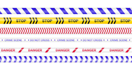 Police tape, crime danger line. Caution police lines isolated. Warning barricade tapes. Set of warning ribbons. Vector illustration on white background.のイラスト素材