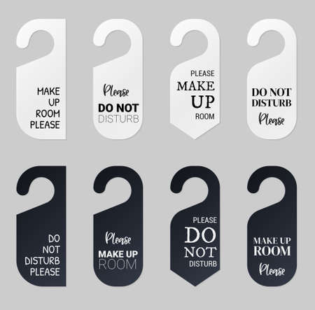 Door hangers for hotel room. Set of white and black label hanger with text for hotel or resort. Template mockup with text Do not disturb and Make up room. Vector illustration for promotion decoration.のイラスト素材