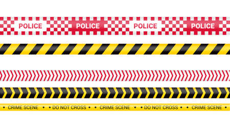 Police tape, crime danger line. Caution police lines isolated. Warning barricade tapes. Set of warning ribbons. Vector illustration on white background.のイラスト素材