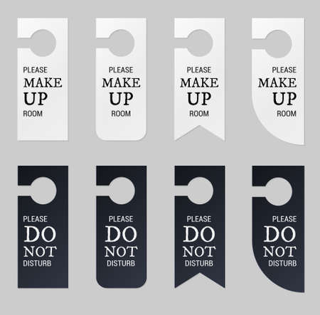 Door hangers for hotel room. Set of white and black label hanger with text for hotel or resort. Template, mockup with text Do not disturb and Make up room. Vector illustration for promotion, sale, decoration, coveringのイラスト素材