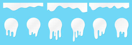 Melt drip stickers or circle milk labels. Vector liquid drops icons for graffiti blob stickers. White liquid or melted chocolate drips, milk, current paint.のイラスト素材