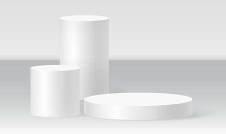 Cylinder podium scene, winner pedestal. White cylinder template for showroom podium scene. Vector white pedestal for product presentation.のイラスト素材