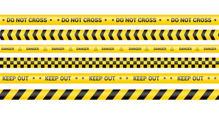 Police tape, crime danger line. Caution police lines isolated. Warning and barricade tapes. Set of yellow warning ribbons. Vector illustration.のイラスト素材