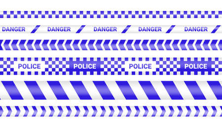Police tape, crime danger line. Barricade police lines isolated. Warning and barricade tapes. Set of blue warning ribbons. Vector illustration.のイラスト素材