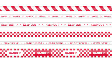 Police tape, crime danger line. Caution police lines isolated. Warning barricade tapes. Set of red warning ribbons. Vector illustration.のイラスト素材