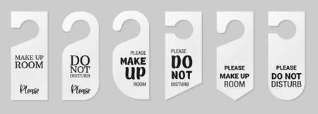 Door hangers for hotel room. Set of white label hanger with text for hotel or resort. Template, mockup with text Do not disturb and Make up room. Vector illustration for promotion, sale, decoration, coveringのイラスト素材
