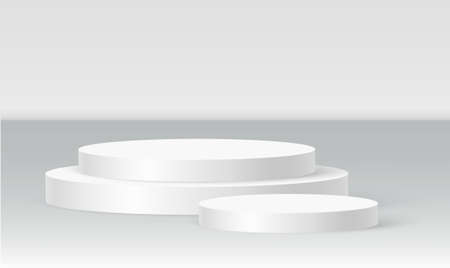 Cylinder podium scene, winner pedestal. White cylinder template for showroom podium scene. Vector white pedestal for product presentation.のイラスト素材
