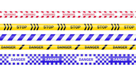 Police tape, crime danger line. Caution police lines isolated. Warning barricade tapes. Set of warning ribbons. Vector illustration on white background.のイラスト素材