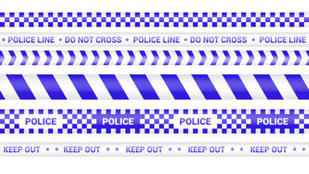 Police tape, crime danger line. Barricade police lines isolated. Warning and barricade tapes. Set of blue warning ribbons. Vector illustration.のイラスト素材