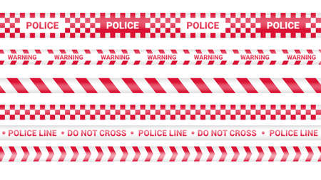Police tape, crime danger line. Caution police lines isolated. Warning barricade tapes. Set of red warning ribbons. Vector illustration.のイラスト素材