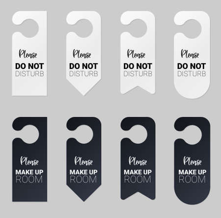 Door hangers for hotel room. Set of white and black label hanger with text for hotel or resort. Template, mockup with text Do not disturb and Make up room. Vector illustration for promotion, sale, decoration, coveringのイラスト素材