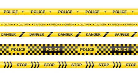 Police tape, crime danger line. Caution police lines isolated. Warning and barricade tapes. Set of yellow warning ribbons. Vector illustration.のイラスト素材