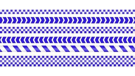 Police tape, crime danger line. Barricade police lines isolated. Warning and barricade tapes. Set of blue warning ribbons. Vector illustration.のイラスト素材