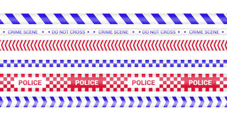 Police tape, crime danger line. Caution police lines isolated. Warning barricade tapes. Set of warning ribbons. Vector illustration on white background.のイラスト素材