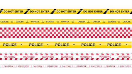 Police tape, crime danger line. Caution police lines isolated. Warning barricade tapes. Set of warning ribbons. Vector illustration on white background.のイラスト素材