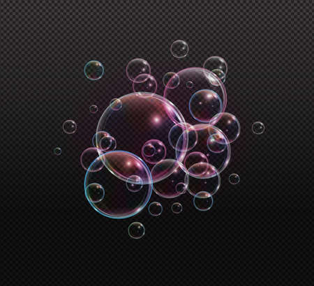 Bath foam soap with neon bubbles isolated vector illustration on transparent background. Colorful cloud of blowing bubbles and soapy foam.のイラスト素材
