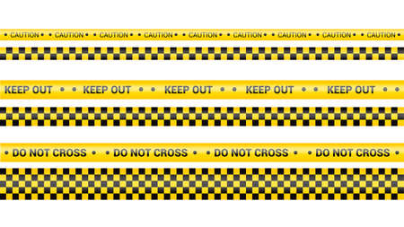 Police tape, crime danger line. Caution police lines isolated. Warning and barricade tapes. Set of yellow warning ribbons. Vector illustration.のイラスト素材