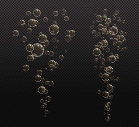 Gold fizzy bubbles. Sparkles champagne. Fizzy pop and effervescent drink. Abstract fresh soda and air bubbles, oxygen, champagne crystal. Vector illustration on black transparent background.のイラスト素材