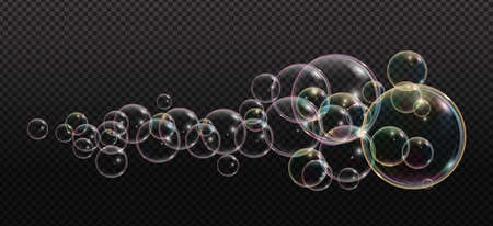Bath foam soap with neon bubbles isolated vector illustration on transparent background. Colorful cloud of blowing bubbles and soapy foam.のイラスト素材