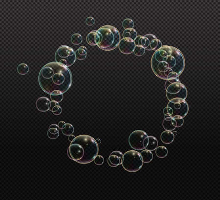 Bath foam soap with neon bubbles isolated vector illustration on transparent background. Colorful cloud of blowing bubbles and soapy foam.のイラスト素材
