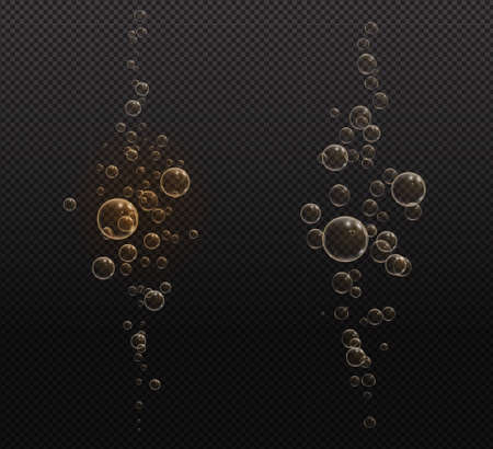 Gold fizzy bubbles. Sparkles champagne. Fizzy pop and effervescent drink. Abstract fresh soda and air bubbles, oxygen, champagne crystal. Vector illustration on black transparent background.のイラスト素材