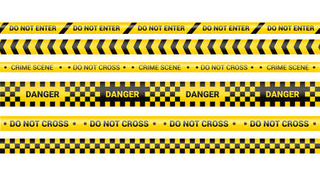 Police tape, crime danger line. Caution police lines isolated. Warning and barricade tapes. Set of yellow warning ribbons. Vector illustration.のイラスト素材