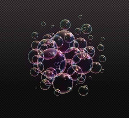 Bath foam soap with neon bubbles isolated vector illustration on transparent background. Colorful cloud of blowing bubbles and soapy foam.のイラスト素材