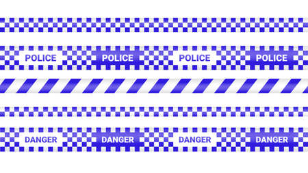 Police tape, crime danger line. Barricade police lines isolated. Warning and barricade tapes. Set of blue warning ribbons. Vector illustration.のイラスト素材
