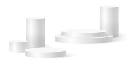 Cylinder podium scene, winner pedestal. White cylinder template for showroom podium scene. Vector white pedestal for product presentation.のイラスト素材