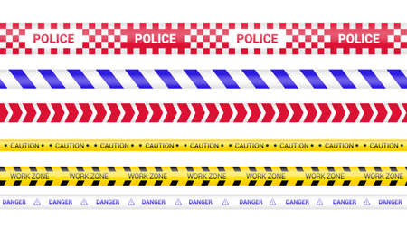 Police tape, crime danger line. Caution police lines isolated. Warning barricade tapes. Set of warning ribbons. Vector illustration on white background.のイラスト素材