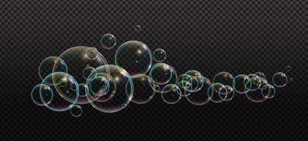 Bath foam soap with neon bubbles isolated vector illustration on transparent background. Colorful cloud of blowing bubbles and soapy foam.のイラスト素材